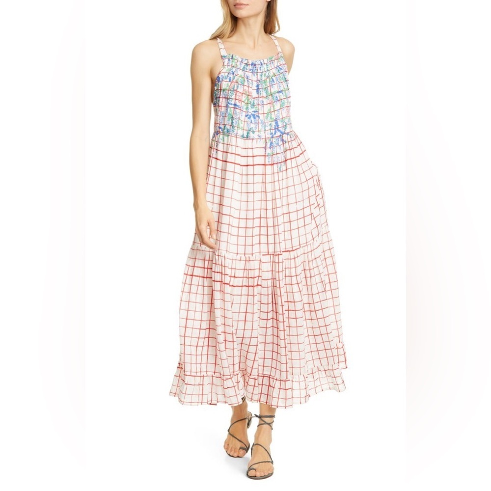 Mii Collection Backless Red White Floral Plaid Cotton Linen Maxi Dress Large